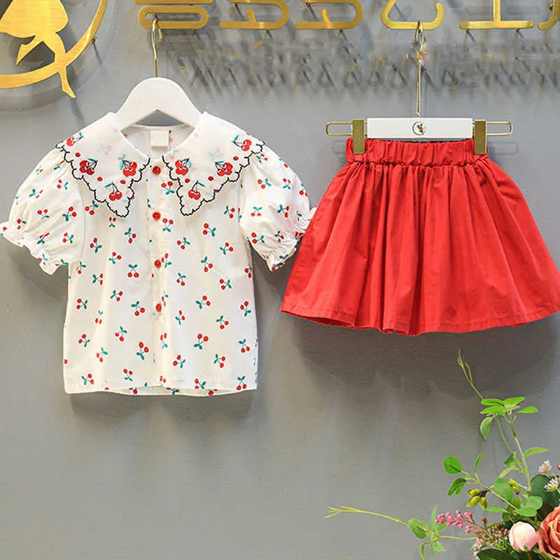 Summer Girl Clothes Suit Embroidered Cherry Lace Lapel Top+Elastic Waist Skirt Two-Piece Baby Kids Children'S Clothing 210625
