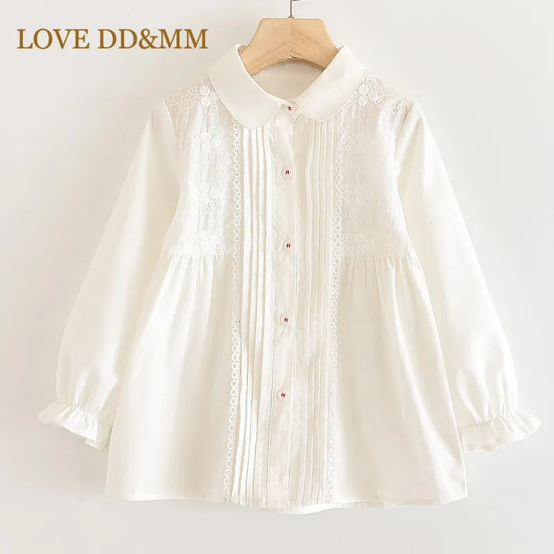 Liebe ddmm mm mädchen shirts frühling kinder kleidung mädchen blume hohl stickerei süße spitze seite stehen langärmelige bluse 210306