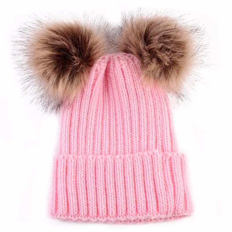 Doppio berretto con palla di pelo Pom Pom Cappello caldo invernale donna Ragazza Berretti lavorati a maglia all'uncinetto Marca spessa femminile274o