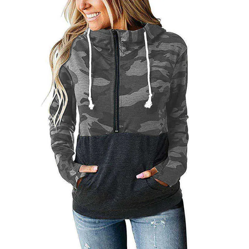 Leopard Camouflage Print Patchwork Rits Pocket Tops Dames Lange Mouwen Losse Hooded Sweatsirt Fashion Casual Pullovers Hoodies 210928