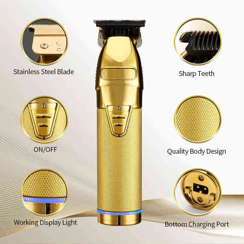 Professional Hair Trimmer Gold Electric For Men Cordless Rechargeable Shaver Barber Cutting Machine T Styling 211229