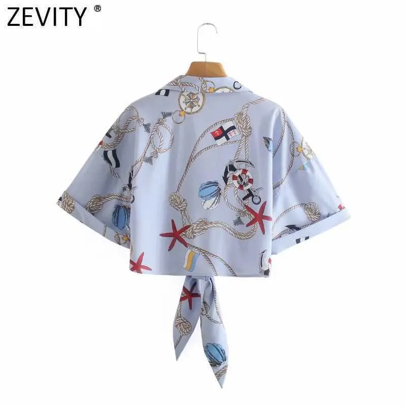 Zevity Summer Women Print Hem Knotted Short Blue Blouse Ladies Short Sleeve Chic Kimono Beskära Kemininas Blusas Tops LS9124 210603