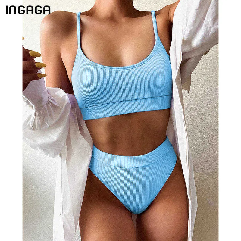 Ingaga High Waist Bikinis Swimsuit Push Up Swimwear Ribbed Strap Banhing Suit Biquini Brasil Bikini Beachwear 210621