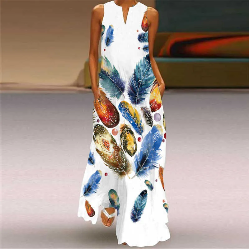 WAYOFLOVE Fashion Feather Print White Dress Elegant Casual Plus Size Long Dresses Summer Woman Sleeveless Beach SunDress 210602
