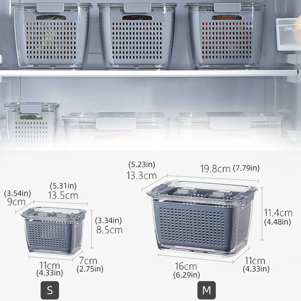 Caja de almacenamiento de plástico para cocina, caja de mantenimiento fresco, refrigerador, drenaje de frutas y verduras, caja de almacenamiento de contenedores de alimentos para cocina X0703