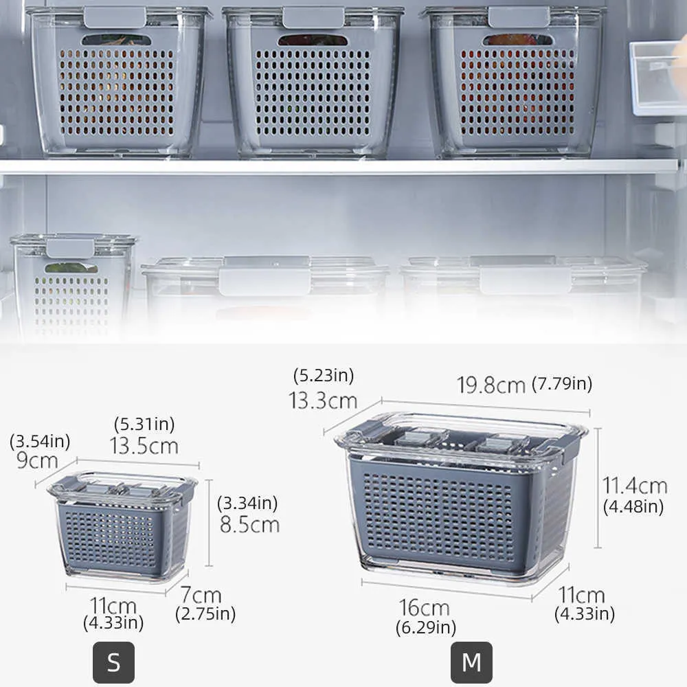 Kitchen Plastic Storage Box Fresh-Keeping Box Refrigerator Fruit Vegetable Drain Crisper Kitchen Food Container storage box X0703