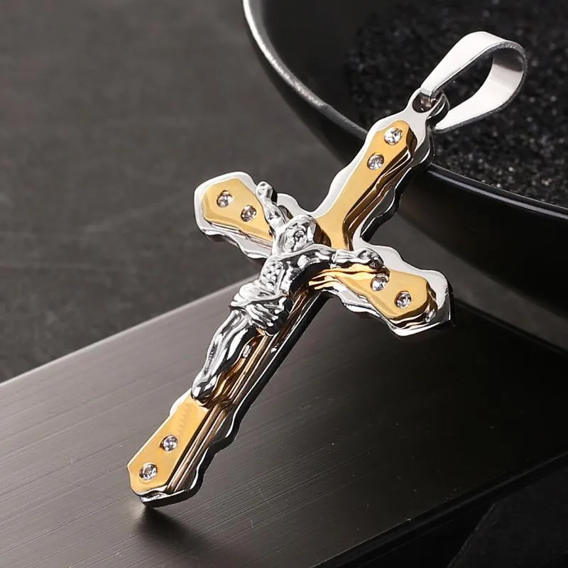 Correntes jóias homens bizantino ouro e prata aço inoxidável Cristo Jesus cruz pingente colar moda cool230z