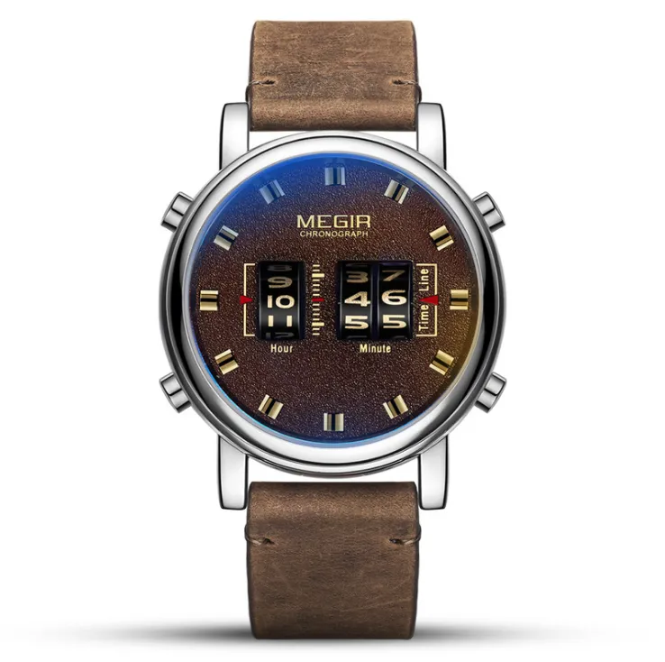 MEGIR marchio creativo roller design orologio da uomo cinturino in morbida pelle atmosfera quadrante smerigliato orologi al quarzo in cristallo minerale antiusura 223S