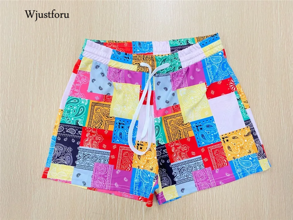 Wjustforu bandana impressão mulher shorts patchwork alta cintura cintura verão roupas praia mulheres folgazes 2021 q0131