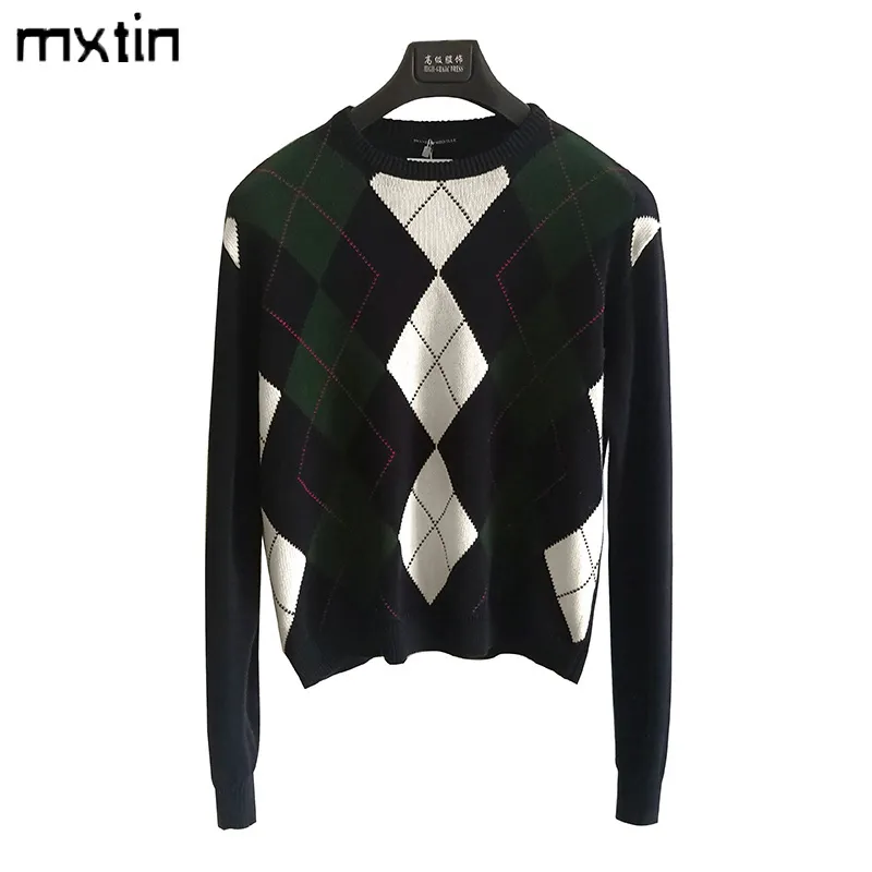 maglione lavorato a maglia pullover rombico geometrico elegante vintage moda donna manica lunga vendita calda capispalla stile inghilterra top 210218