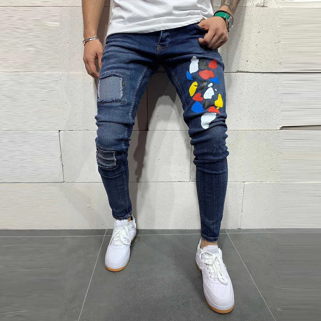 Män Rippade Jeans Slim Fit Denim Pant Biker Hip Hop Jeans Hole Taped Colorful Dot Print Skinny Distressed Denim Street Trouser x0621