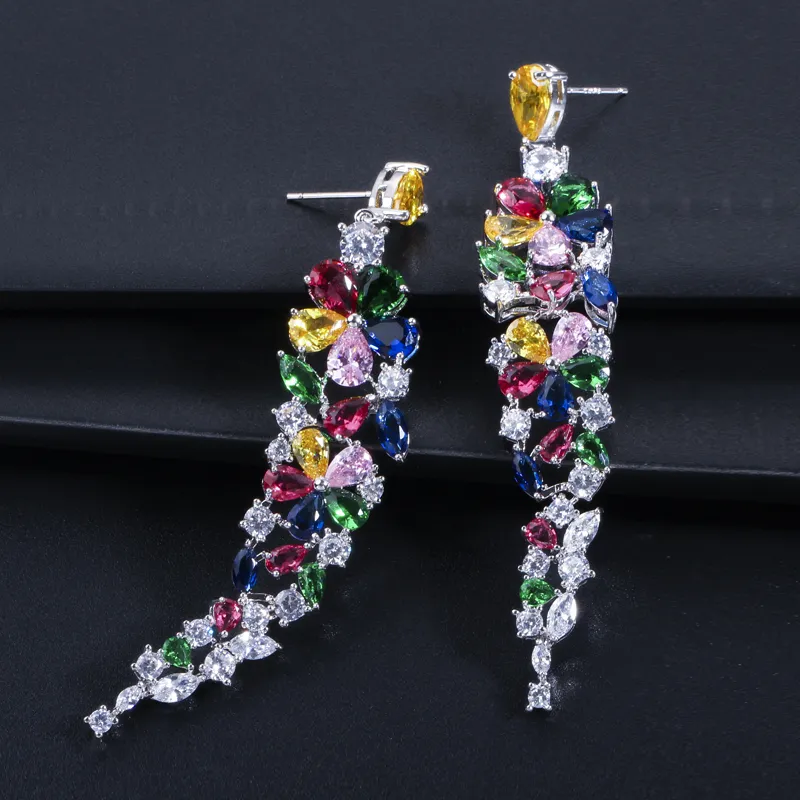 Cywzirconi multi colore figura fiore dichiarazione cubica zirconia lunghi orecchini penzoloni moda sposa gioielli da sposa gioielli cz422 220214