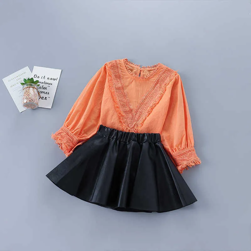 2-7 lat wysokiej jakości dziewczyna odzież zestaw jesień moda casual pomarańczowa solidna koszula + skórzana spódnica dzieciak dzieci 210615