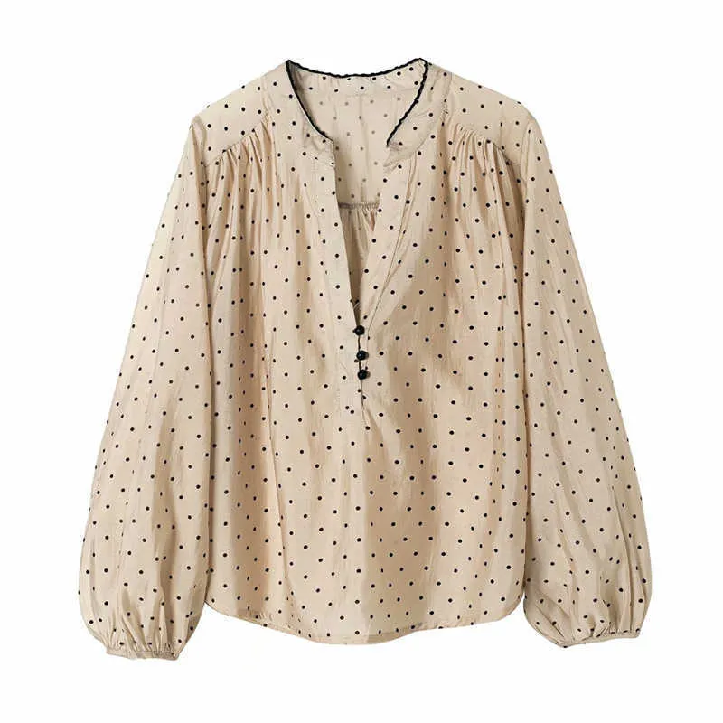 Za Polka Dot Print Blouse Women Long Puff Sleeve O Neck Fashion Loose Top Female Elegant Front Lined Button Shirt 210602