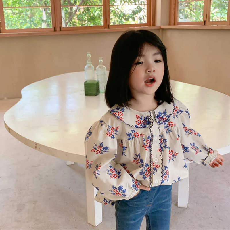 Spring Autumn Girls Shirt Flower Lace Side Long-Sleeved Top Small Lapel Single Breasted Fresh Baby Kids Clothing 210625