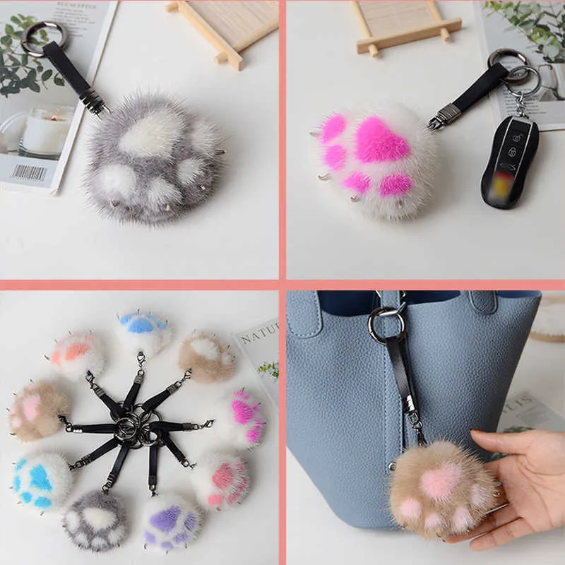 Vrouwen Creatieve Echte Nertsen Bont Kat Poot Sleutelhanger Leuke Tas Charme Ornamenten Zachte Pompom Pluche Schattige Beer Klauw sleutelhanger Autosleutel Hanger H8100555