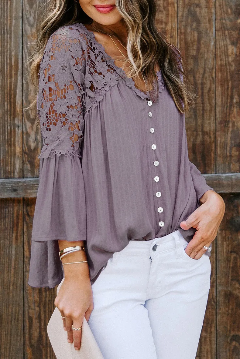 TEELYNN Hollow Out Lace Blouses Shirt Vintage V Neck Flare Sleeve Summer Blouse Ladies Top Plus Size Boho Blusas 220311