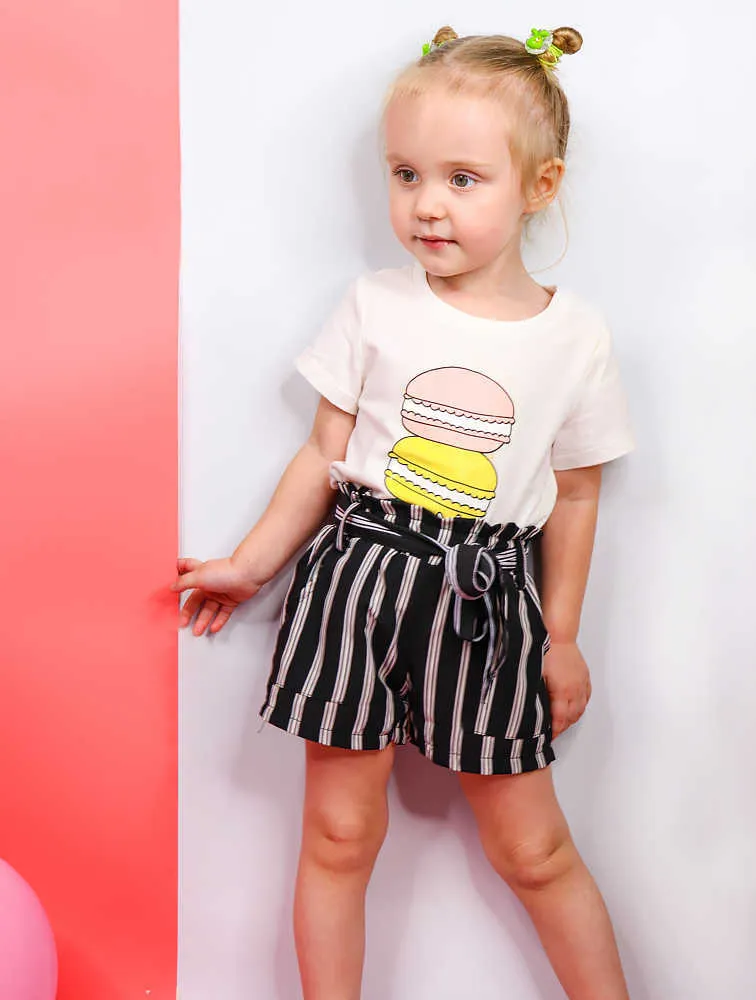 Filles Shorts Pantalons d'été Rayures noires et blanches + Ceinture Bébé Coton pour enfants 210528