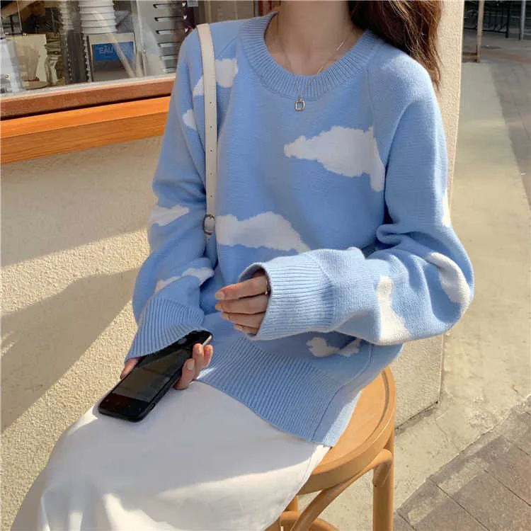 Koreanische Cartoon Wolke Frauen Pullover Chic Kausal Übergroßen Gestrickte Pullover Tops Herbst Pull Jumper 6B805 210812