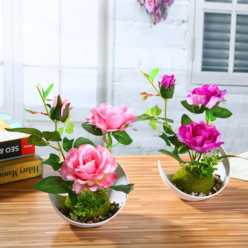 Welcoming Rose flower Bonsai Simulation Decorative Artificial Flowers Fake 3 heads Pot Plants Ornaments Home wedding Decor