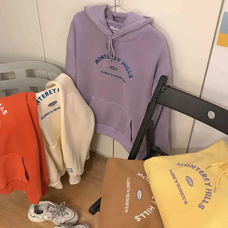 Kvinnor tröja höst vinter ulzzang hajuku lösa hoodies kvinna brev broderi fleece pullover kvinnlig hip hop sweatshirts 210525