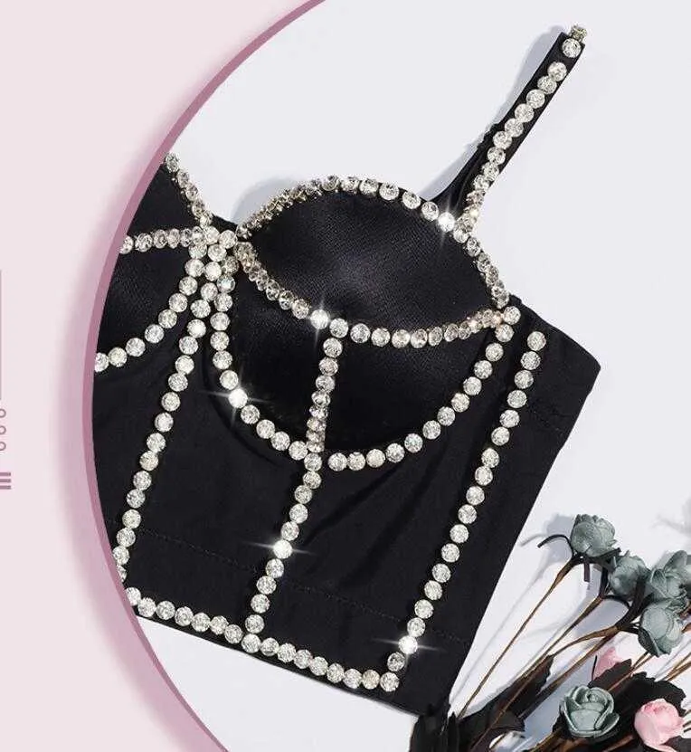 Rhinestone Bustier Corset Women Built In Bra Push Up Bralette Sleeveless Top Woman Camis Off Shoulder 2021 Sexy Nightclub w102 X0726