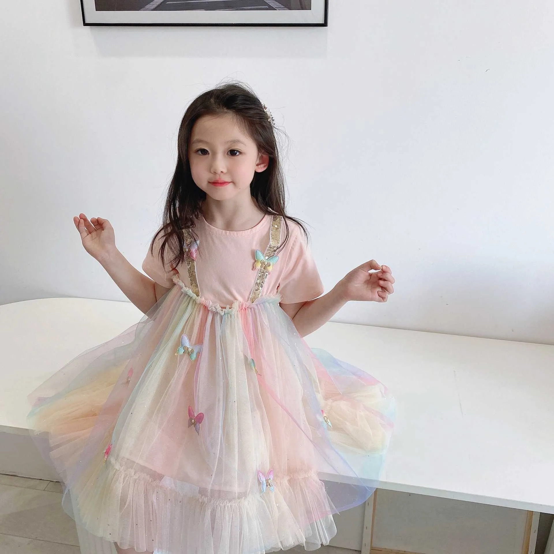 Fairy Girls Butterfly Tulle Dress for Kids Appliques Princesa Ruffles Vestuário Ins Boutique 210529
