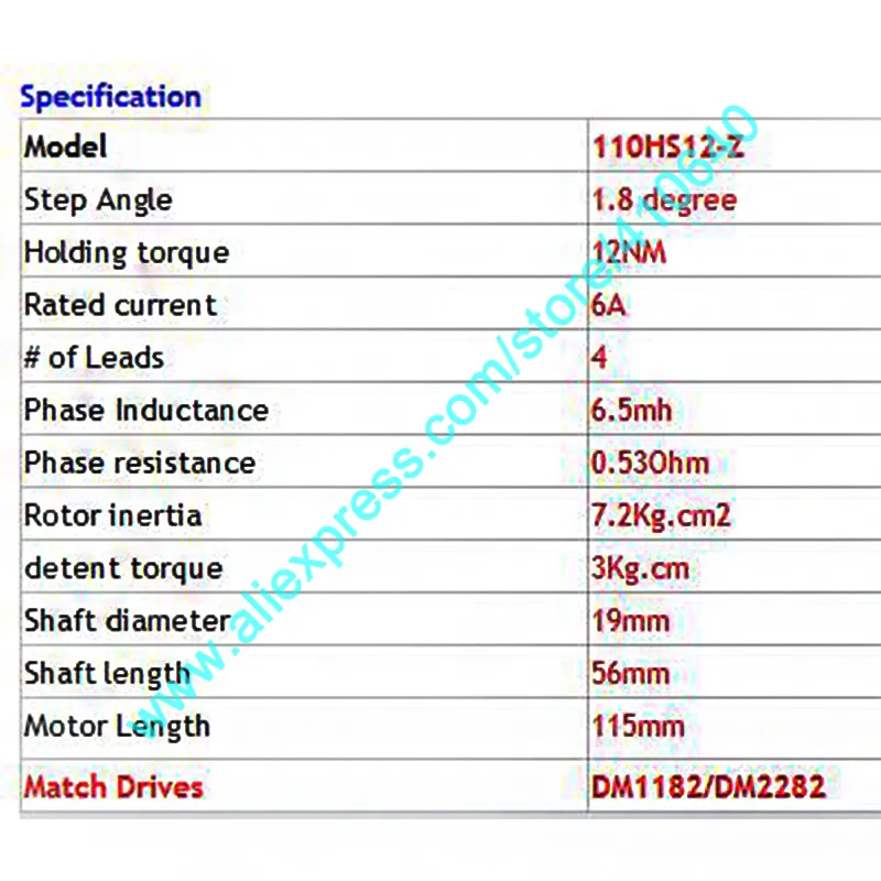 リードシャインステッピングモーター110HS12Z 12N.Mトルク長さ6a電流4ワイヤは、リードシャインモーターDRIVR DM1182またはDM2282で動作します