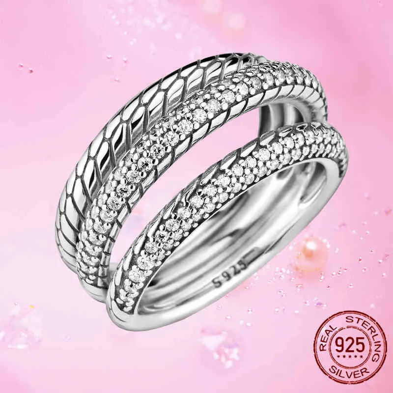 925 Sterling Silber Triple Band Pave Schlangenkettenmuster Ring für Frauen Feiner Hochzeits-Verlobungsschmuck GIF