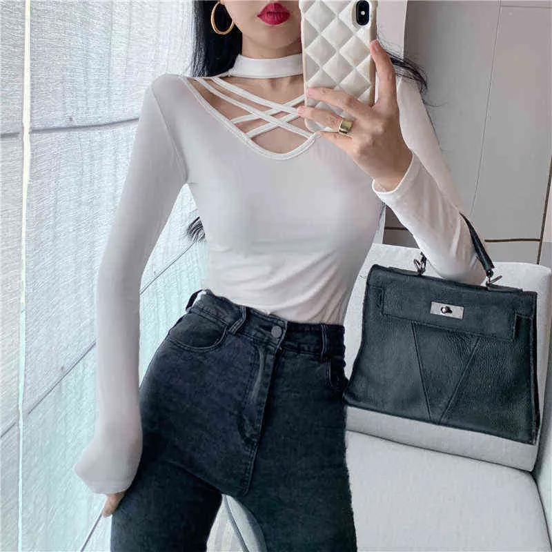 V-neck Halter Cross Design Sexy Bottoming Shirt Long-sleeved Solid Blouse Top 2022 Spring Autumn New Women Clothing H1230