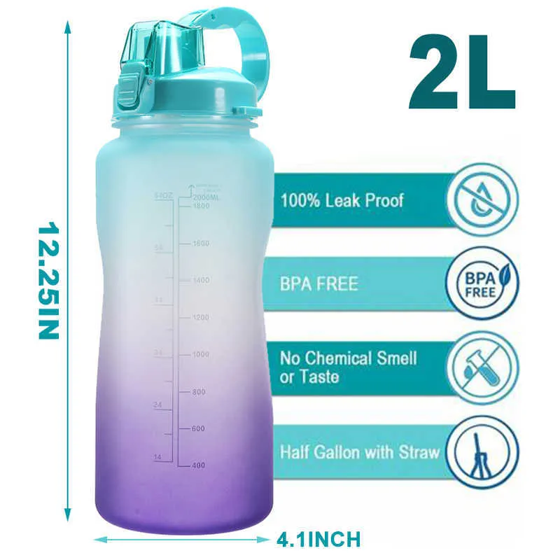 2L BPA Free Plastic Gallon Sports Leakproof Time Marker Straw Water Bottle For Outdoor Portable Drinkware Drink Bottle 211013