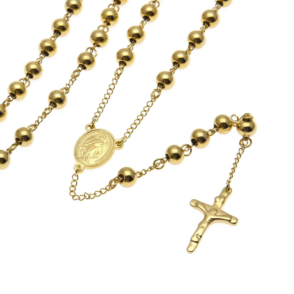 Classic Catholic Rosary Necklace Chain with Cross Stainless Steel Gold Plated Necklace Jewelry Chain Hip Hop Jewelry Gift Accessor6628826