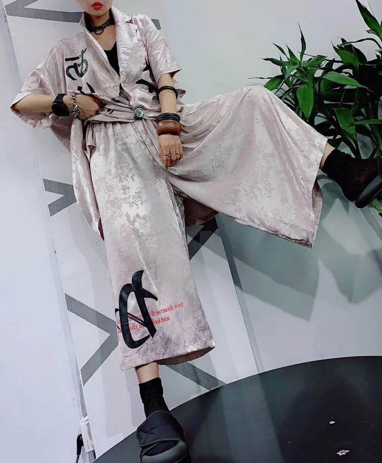 Qing Mo Plus Boyut Kadın Moda Seti Yaz Kadınlar İpek Jakard Üst Buzağı Geniş Bacak Pantolon Siyah Pembe ZQY4352 210302