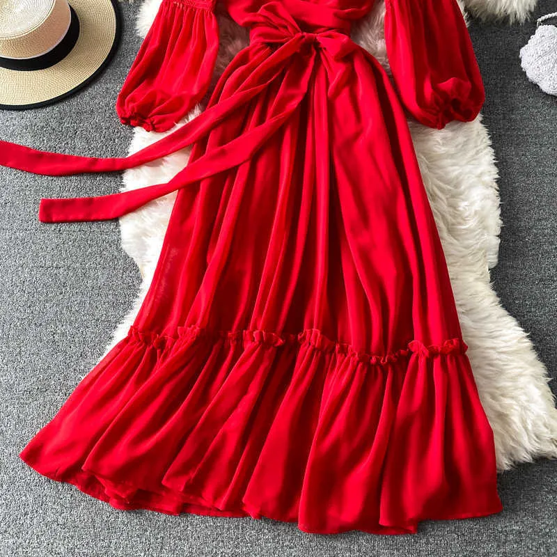 Vintage Red Long Dress Women Vacation Beach Lantern Långärmad Hög midja Bandage Vestidos Kvinna Party Robe Vår Höst 2021 Y0603
