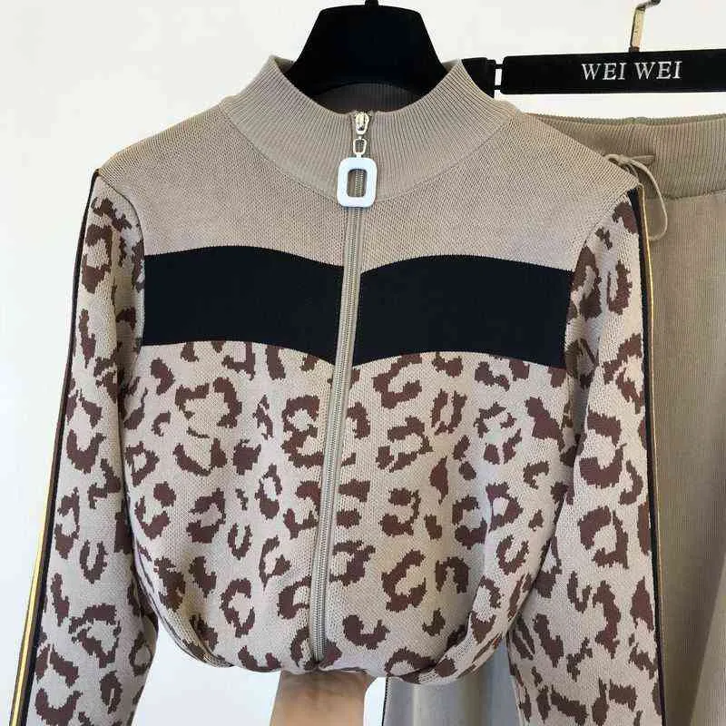 Dres Kobiety Leopard Knit Zip Cardigan Topy + Spodnie Garnitur 2 SZTUK Zestawy Kurtka Z Długim Rękawem Płaszcz Kobieta Sweter Na Co Dzień Spodnie Garnitury 211118
