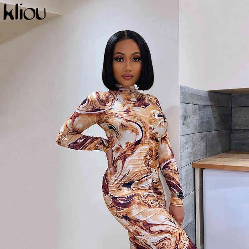 Kliou Print Stacked Hot Sexy Bodycon Maxi Платья Женщины Streetwear Slim Skinny Clubwear Женские наряды Y1204