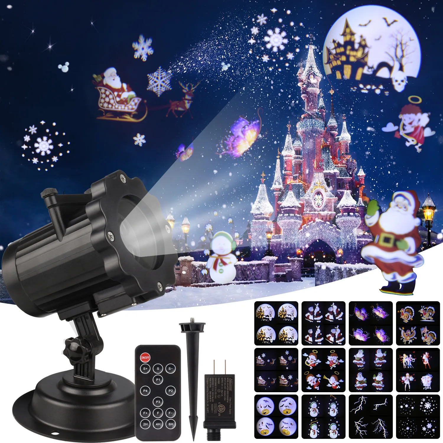 Proiettore laser natalizio Effetto animazione IP65 Proiettore Halloween interni ed esterni 12 modelli Fiocco di neve Pupazzo di neve Luce da palco # Y20318K
