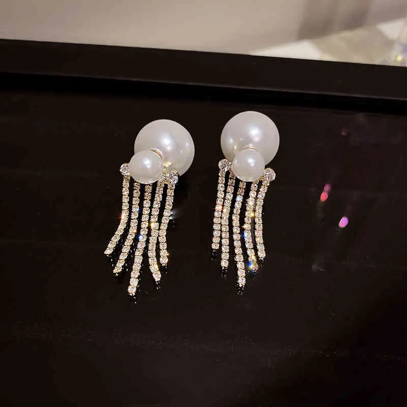 925 Silber Nadel Koreanische East Gate Persönlichkeit Zwei Tragen Süßwasser Perle Eingelegte Diamant Quaste Ohrringe