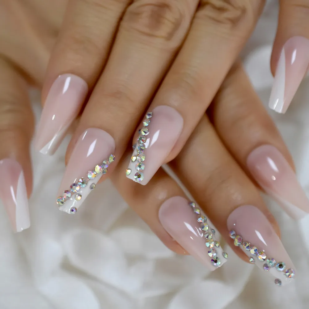 Trapezoïde Frans Nail Crystal Ab Shine Decoratieve valse nagels Lange ballerina-steentjes Druk op de vingernagel