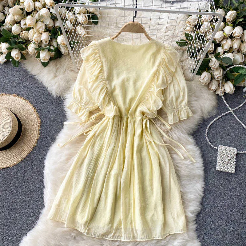 Zoete v-hals ruche hoge taille mini jurk vrouwen elegante geel / wit / paars trekkoord bladerdeeg mouw vestidos zomer 2021 mode y0603