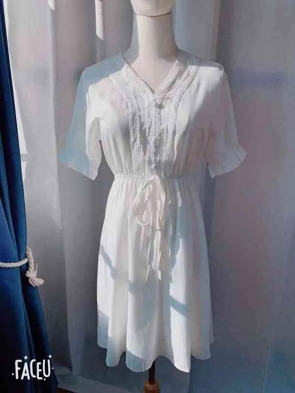 Nouveau à lacets Robe d'été filles Boho fête en mousseline de soie femme Robe Vintage blanc à manches courtes femmes robes Robe Vestido Y1204