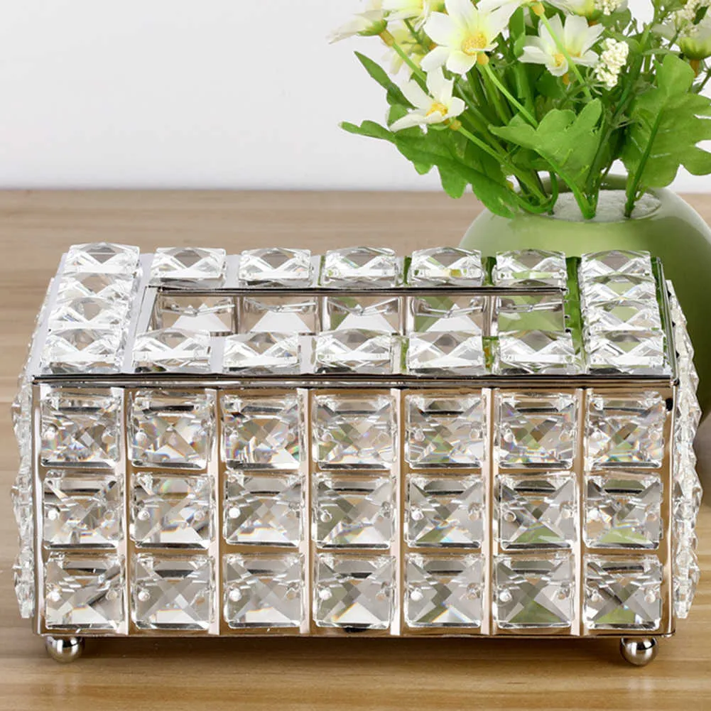 European-Style Square Crystal Tissue Box Papper Rack Kontorsbord Tillbehör Väska Hållare Servett Bricka för Home El Car 210818