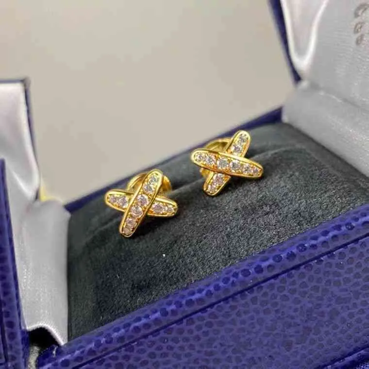 새로운 Xiaoshangjia 925 Sterling Silver Plated 18K Gold Shangjia Inlaid X Letter Earrings Full Diamond Earrings9957067