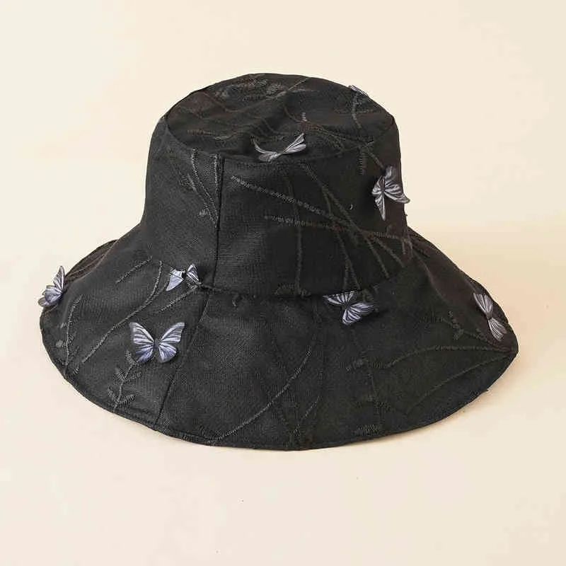 Ny Butterfly Broderi Bucket Hat Kvinnor Sun Hattar För Hip Hop Utomhus Resa Kepsar Män Strand Sun Skydda Fiske Unisex Bonnet G220311