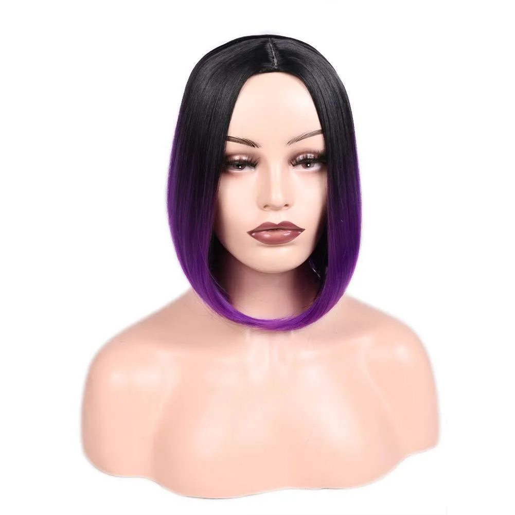 総合ボブウィッグシミュレーション人間の髪の毛のかつら12インチ黒紫色のオンブルカラーミドルパートペルルクRXG9170
