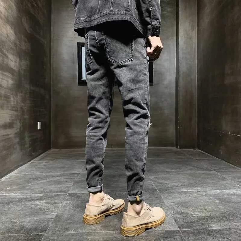 Commercio all'ingrosso 2020 moda hip hop street cargo grigio scuro lavato cotone non stirato strappato jeans skinny da uomo a vita media homen X0621