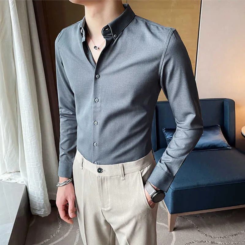 Spring Men Shirts Solid Color Casual Business Sukienka Koszule Z Długim Rękawem Slim Fit Wedding Clothing Streetwear Koszulka Homme 210527