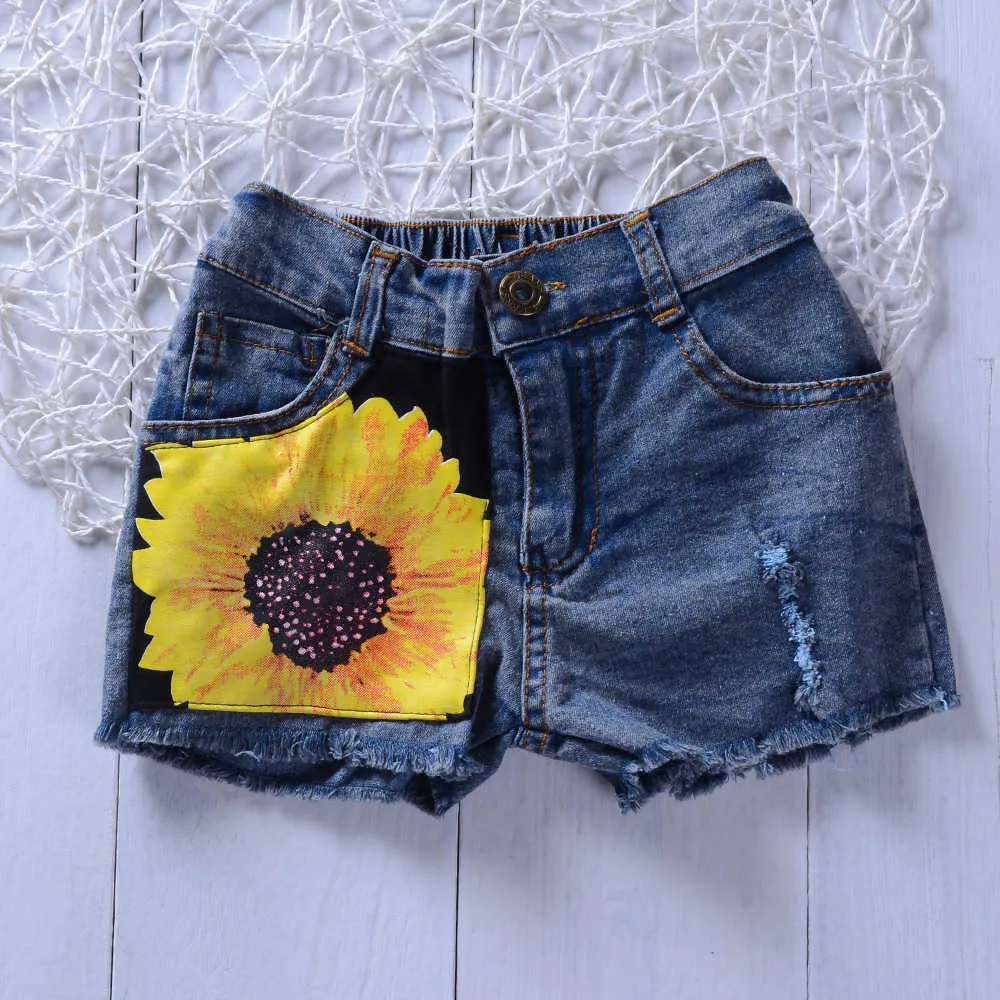 Sommer 2-teiliges Set aus Top und Jeans mit Sonnenblumen-Print für Babys/Kleinkinder, elastische Taille, weich, gemütlich 210528
