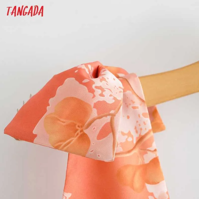 Tangada été femmes Orange fleurs imprimer Style français robe nœud sangle ajuster dames robe d'été JA60 210609