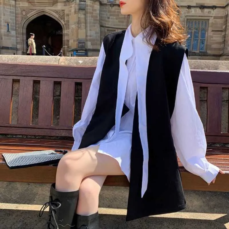 [Two-piece suit] Design niche long-sleeved shirt + fashionable outer suit and vest French elegant women cool black white suits 210526